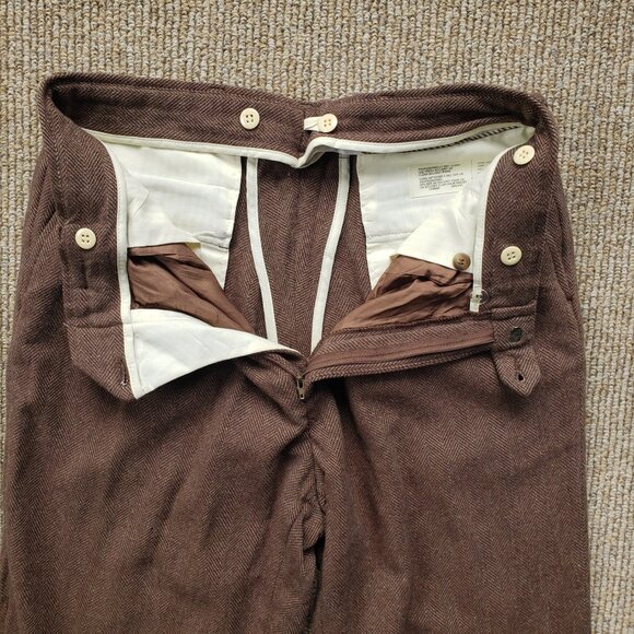 Vintage Eddie Bauer 100% Wool Herringbone Pants Trousers Brown 34x28 Suspenders - Picture 5 of 10